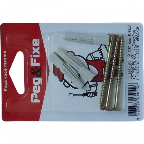 Cartela Bucha Fixacao Drywal 06+Parafuso Phillips Peg&Fixe Kit 6 Pecas Apoc/02