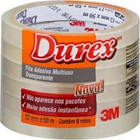 Fita Adesiva Embalagem 3M Durex 12Mm X 50M Transparente - Kit C/6 Peças