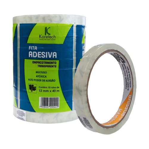 Fita Adesiva Embalagem Koretec Transparente 12Mm X 40M - Kit C/10 Peças